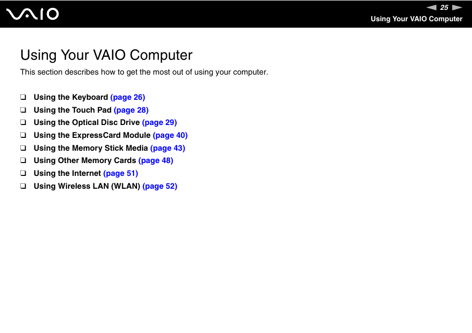 Using your vaio computer | Sony VGN-N100 User Manual | Page 25 / 160