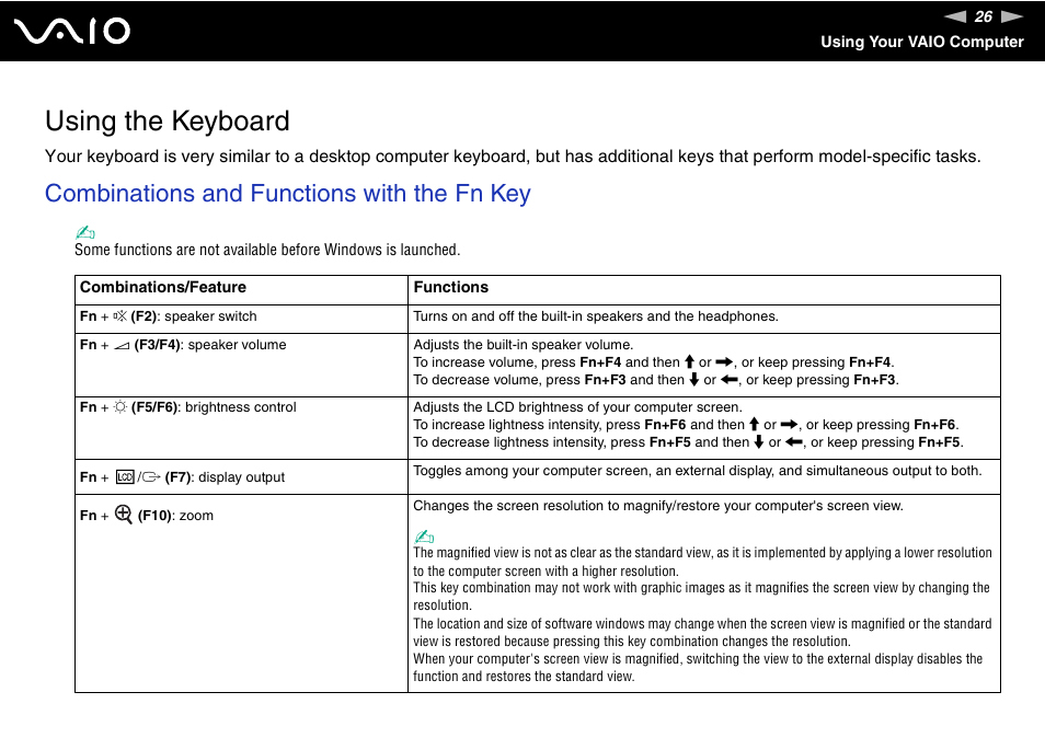 Using the keyboard, Combinations and functions with the fn key | Sony VGN-N100 User Manual | Page 26 / 160