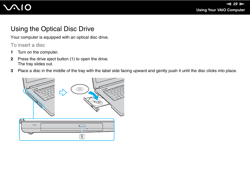 Using the optical disc drive | Sony VGN-N100 User Manual | Page 29 / 160