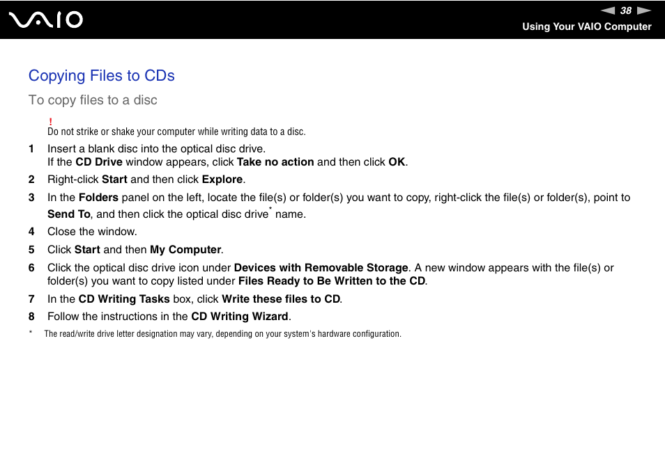 Copying files to cds | Sony VGN-N100 User Manual | Page 38 / 160