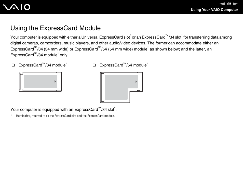 Using the expresscard module | Sony VGN-N100 User Manual | Page 40 / 160