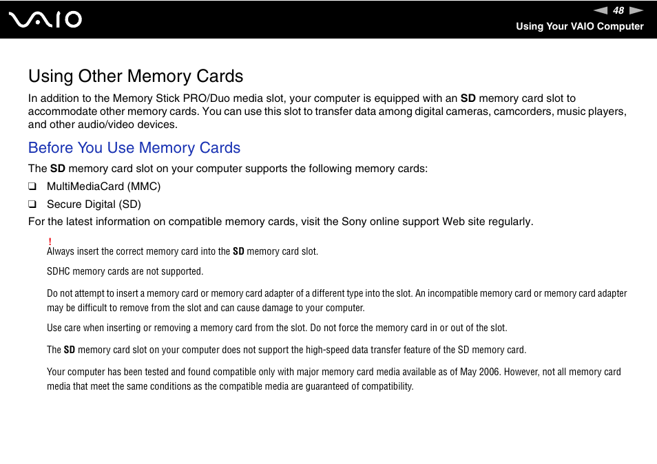 Using other memory cards | Sony VGN-N100 User Manual | Page 48 / 160