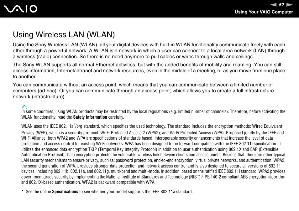 Using wireless lan (wlan) | Sony VGN-N100 User Manual | Page 52 / 160