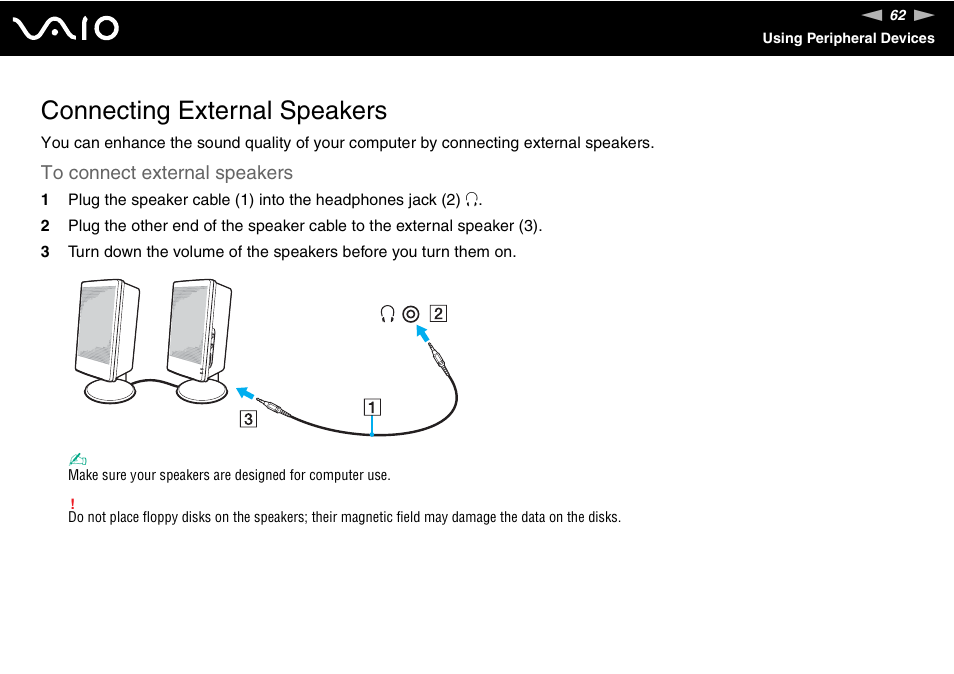 Connecting external speakers | Sony VGN-N100 User Manual | Page 62 / 160