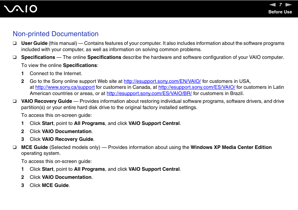 Non-printed documentation | Sony VGN-N100 User Manual | Page 7 / 160