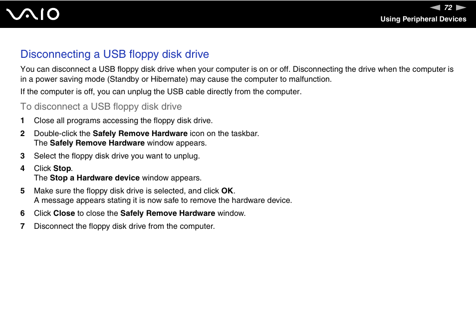 Disconnecting a usb floppy disk drive | Sony VGN-N100 User Manual | Page 72 / 160