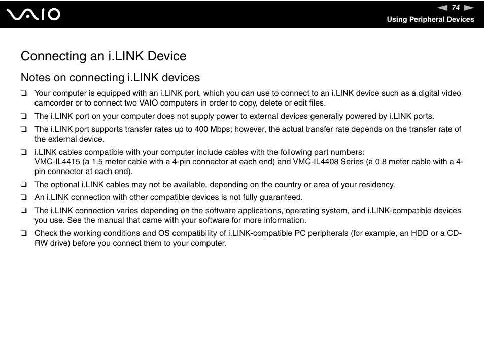 Connecting an i.link device | Sony VGN-N100 User Manual | Page 74 / 160