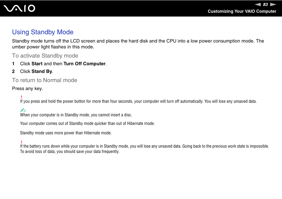 Using standby mode | Sony VGN-N100 User Manual | Page 83 / 160