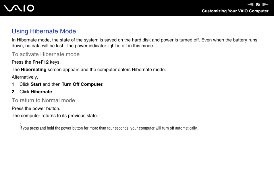 Using hibernate mode | Sony VGN-N100 User Manual | Page 85 / 160