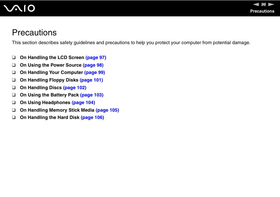 Precautions | Sony VGN-N100 User Manual | Page 96 / 160