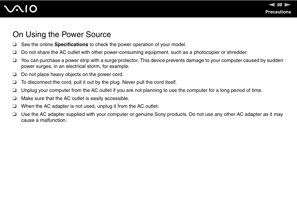 On using the power source | Sony VGN-N100 User Manual | Page 98 / 160