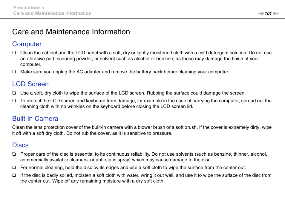 Care and maintenance information, Computer, Lcd screen | Built-in camera, Discs | Sony VAIO VGN-P User Manual | Page 101 / 155