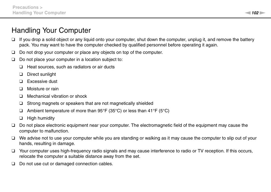 Handling your computer | Sony VAIO VGN-P User Manual | Page 102 / 155