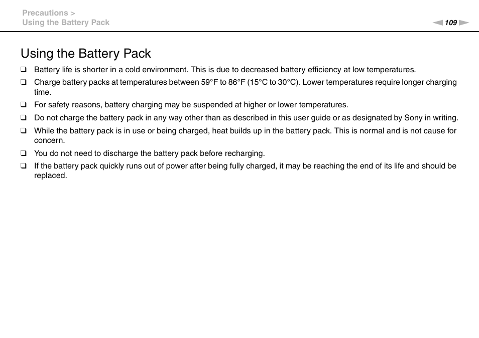 Using the battery pack | Sony VAIO VGN-P User Manual | Page 109 / 155