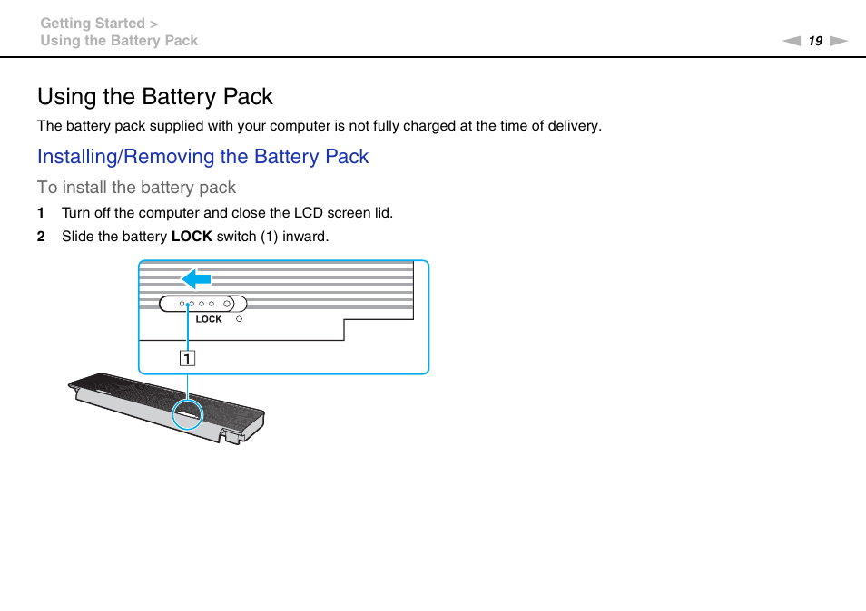 Using the battery pack, Installing/removing the battery pack | Sony VAIO VGN-P User Manual | Page 19 / 155