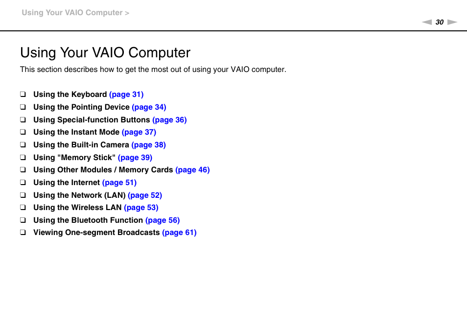 Using your vaio computer | Sony VAIO VGN-P User Manual | Page 30 / 155
