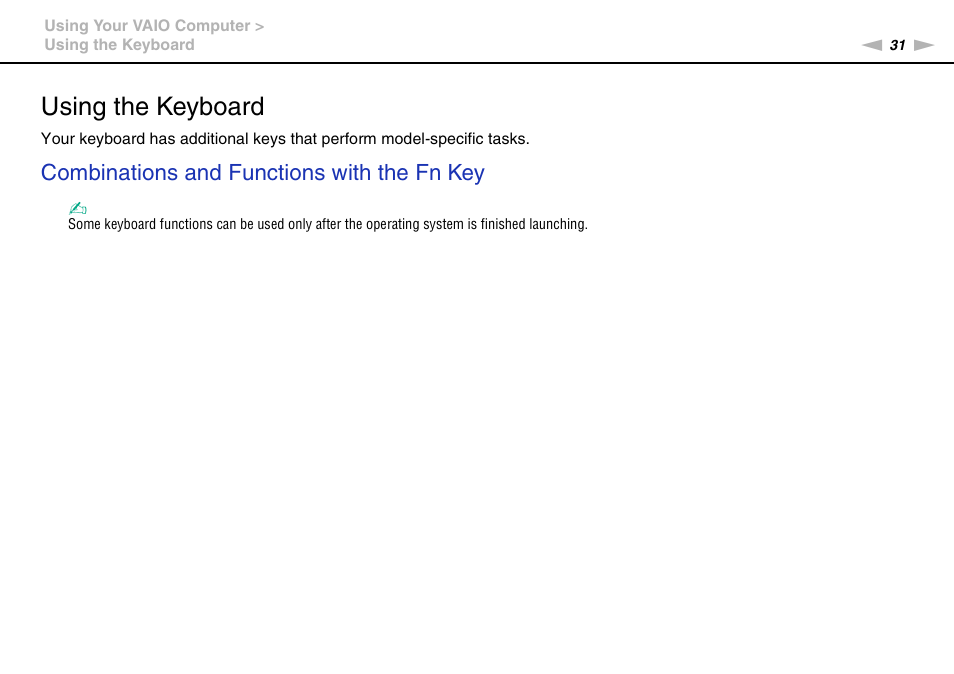 Using the keyboard, Combinations and functions with the fn key | Sony VAIO VGN-P User Manual | Page 31 / 155