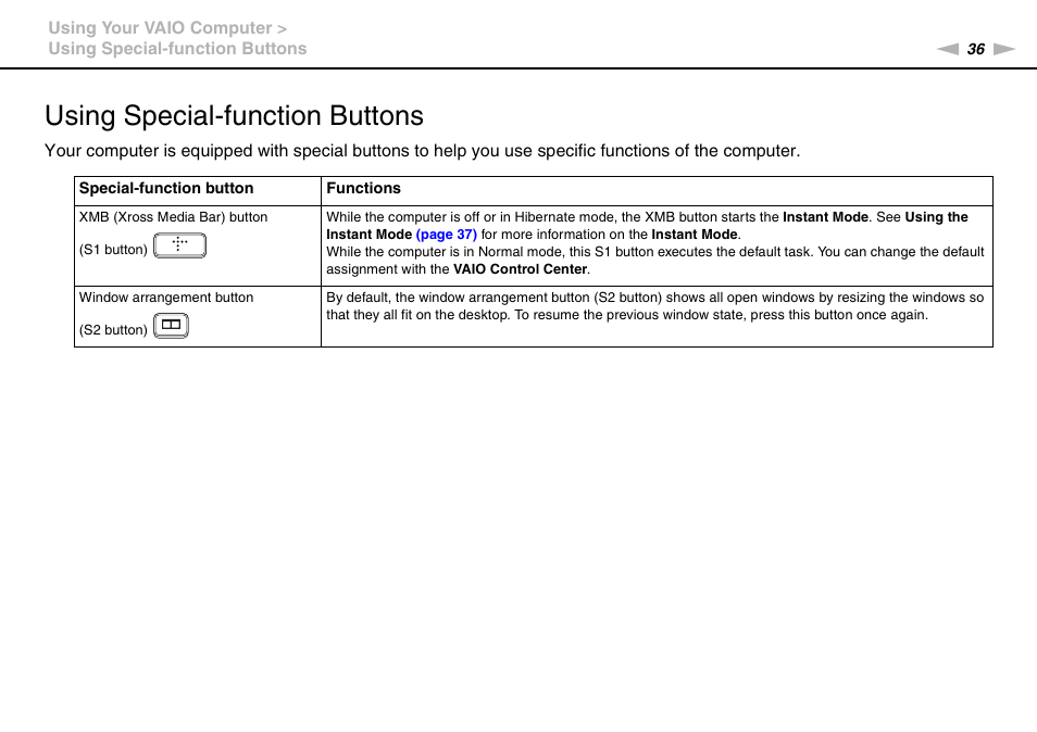 Using special-function buttons | Sony VAIO VGN-P User Manual | Page 36 / 155