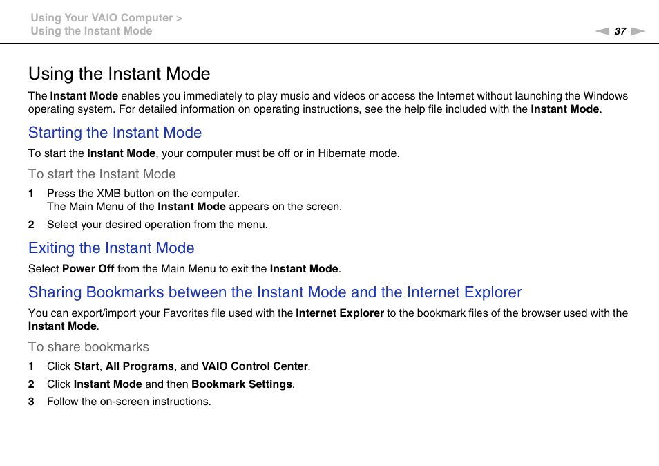 Using the instant mode, Starting the instant mode, Exiting the instant mode | Sony VAIO VGN-P User Manual | Page 37 / 155