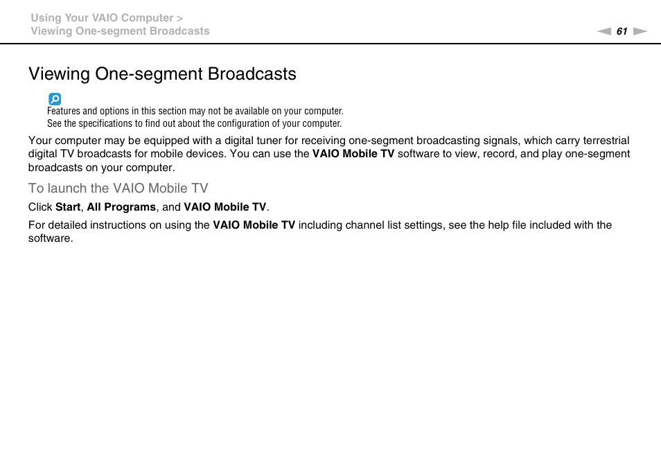 Viewing one-segment broadcasts | Sony VAIO VGN-P User Manual | Page 61 / 155