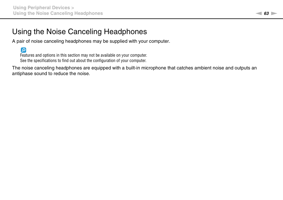 Using the noise canceling headphones | Sony VAIO VGN-P User Manual | Page 63 / 155