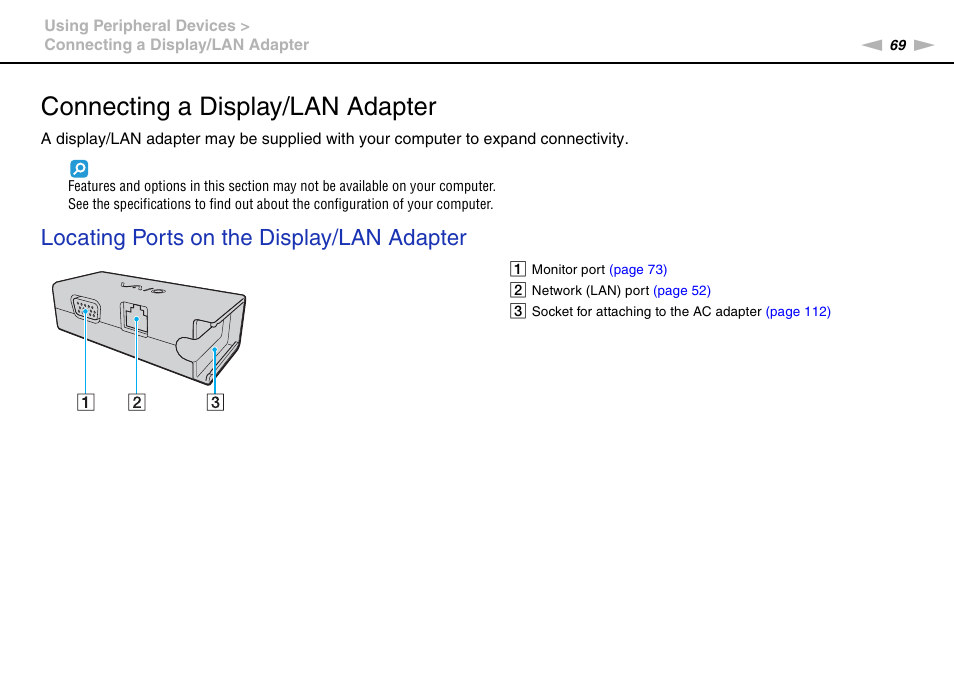 Connecting a display/lan adapter, Locating ports on the display/lan adapter | Sony VAIO VGN-P User Manual | Page 69 / 155