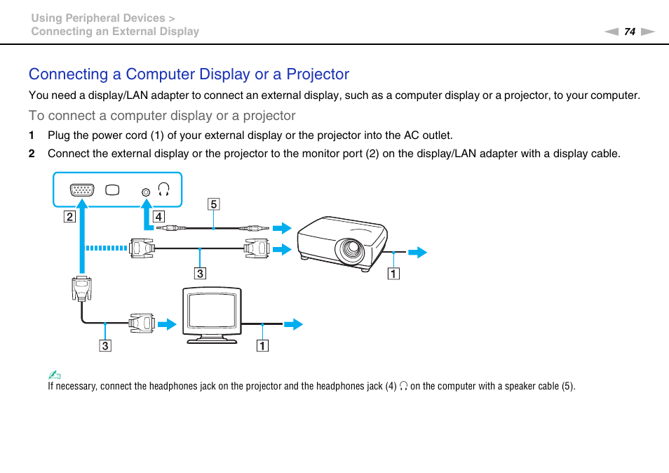 Connecting a computer display or a projector | Sony VAIO VGN-P User Manual | Page 74 / 155