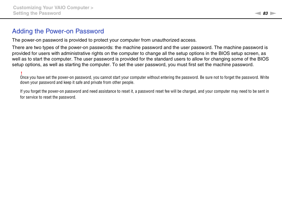 Adding the power-on password | Sony VAIO VGN-P User Manual | Page 83 / 155