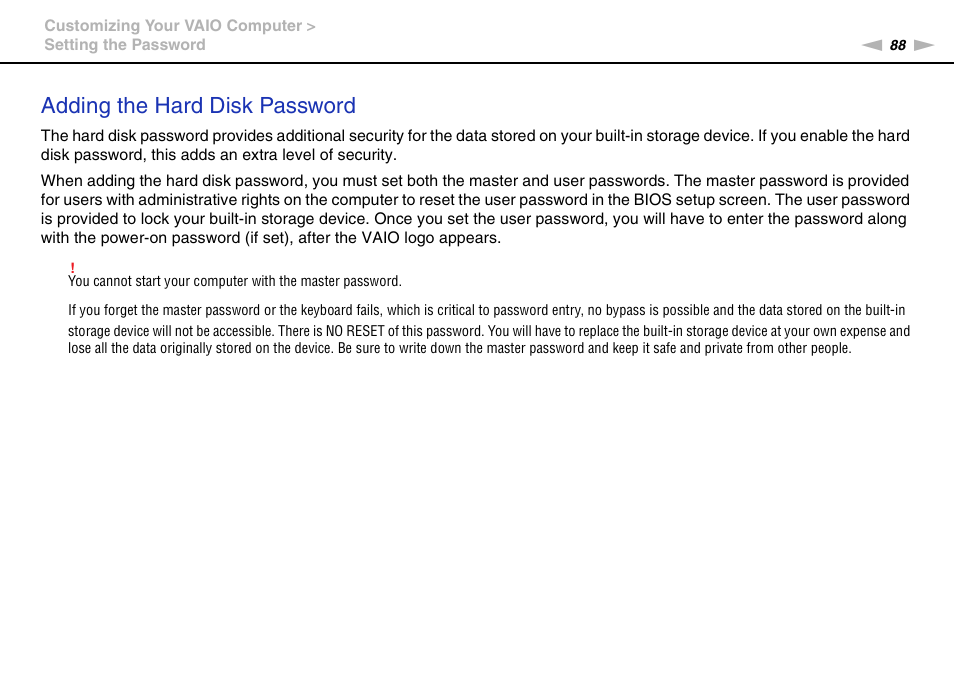 Adding the hard disk password | Sony VAIO VGN-P User Manual | Page 88 / 155