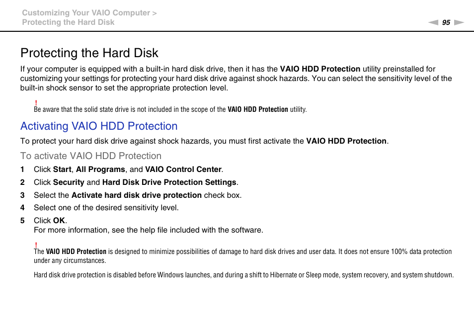 Protecting the hard disk, Activating vaio hdd protection | Sony VAIO VGN-P User Manual | Page 95 / 155