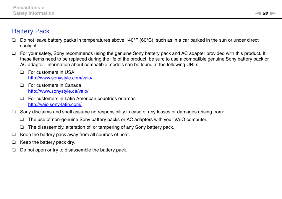 Battery pack | Sony VAIO VGN-P User Manual | Page 98 / 155