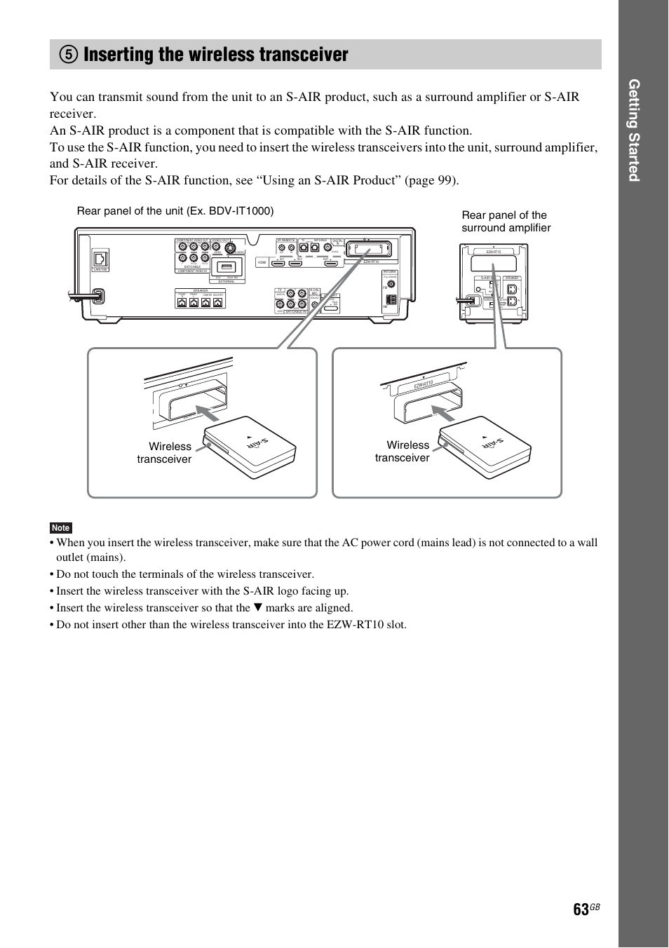 5 inserting the wireless transceiver, 5inserting the wireless transceiver, Ge tting star te d | Sony BDV-IT1000 User Manual | Page 63 / 159