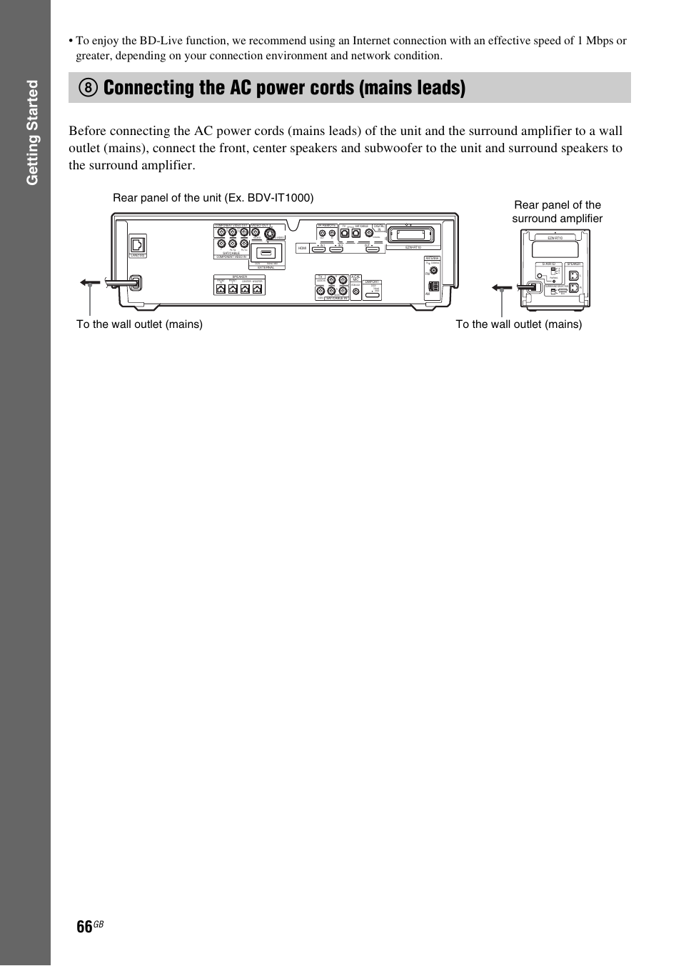 8 connecting the ac power cords (mains leads), 8connecting the ac power cords (mains leads), Gettin g star ted | Sony BDV-IT1000 User Manual | Page 66 / 159