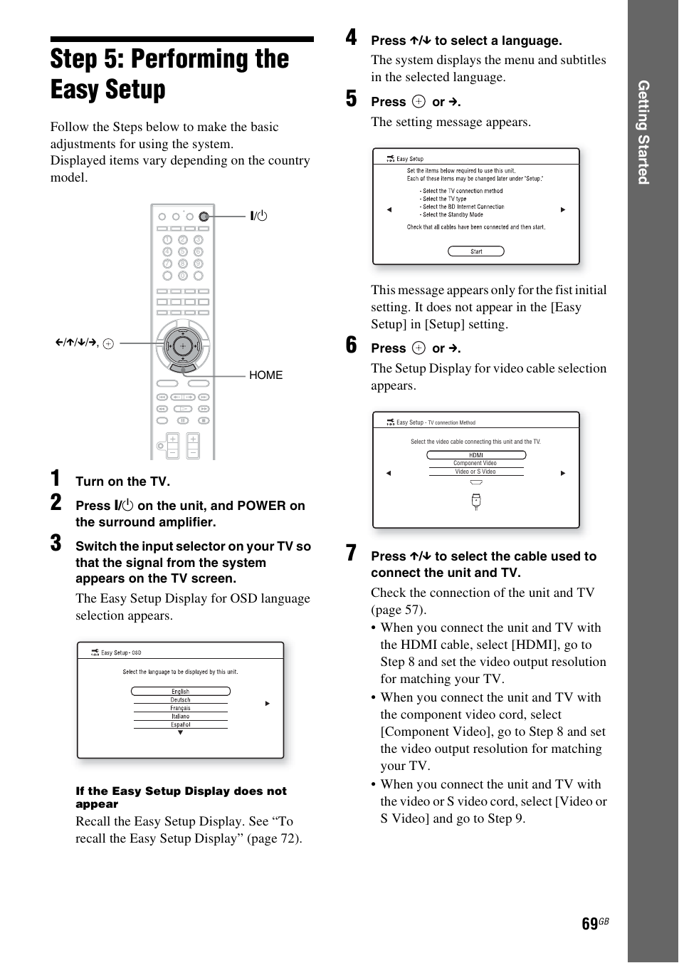 Step 5: performing the easy setup, Step 5: performing the easy, Setup | Ck (69 | Sony BDV-IT1000 User Manual | Page 69 / 159