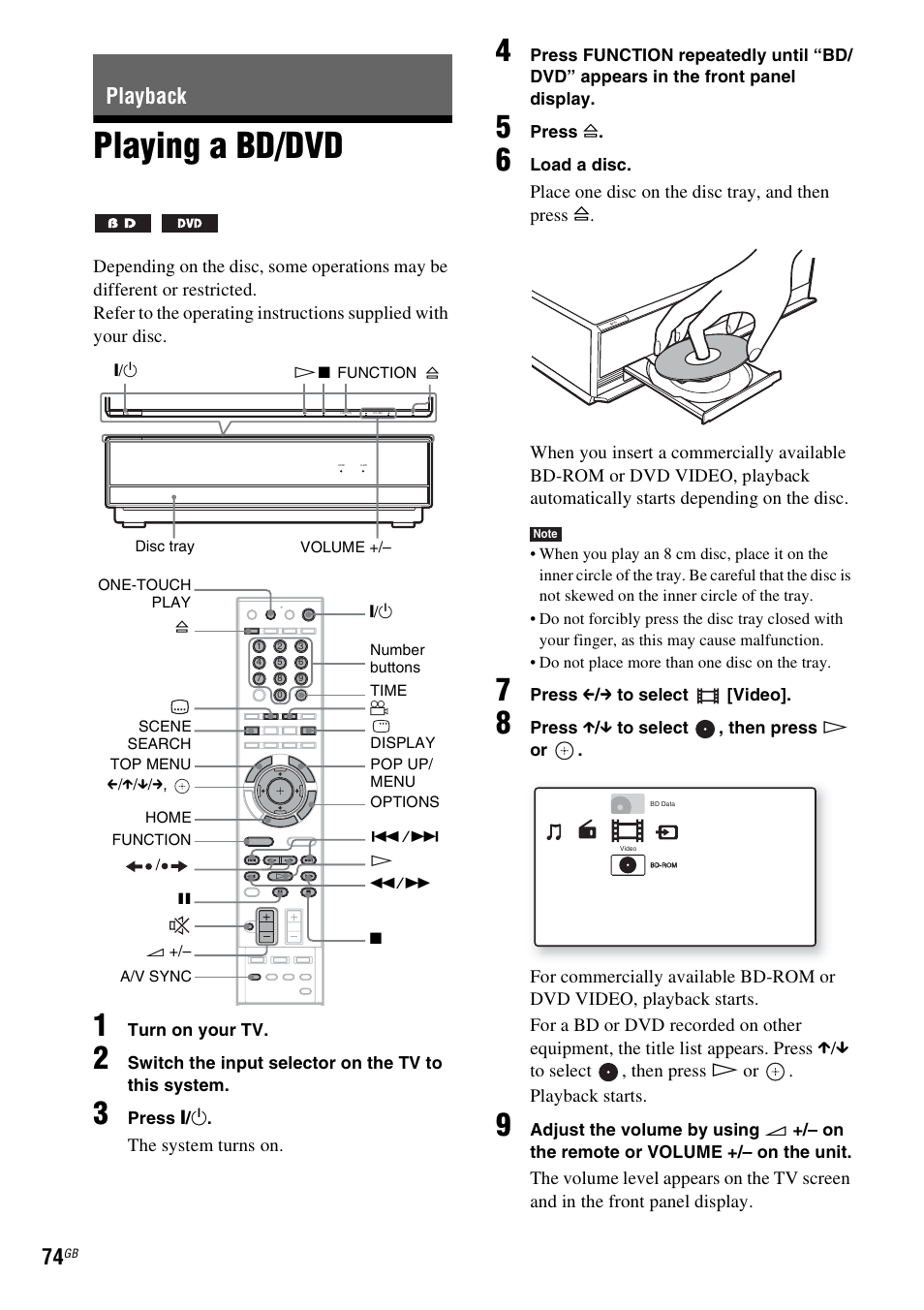 Playback, Playing a bd/dvd, S (74 | Se) (74, Ay (74) | Sony BDV-IT1000 User Manual | Page 74 / 159