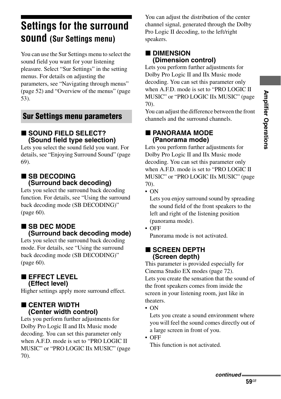 Settings for the surround sound, Sur settings menu), Sur settings menu parameters | Sony STR-DA1200ES User Manual | Page 59 / 111