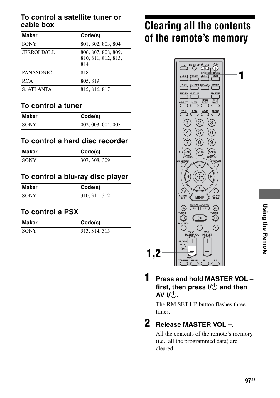 Clearing all the contents of the remote’s memory, Clearing all the contents of the remote’s, Memory | Sony STR-DA1200ES User Manual | Page 97 / 111