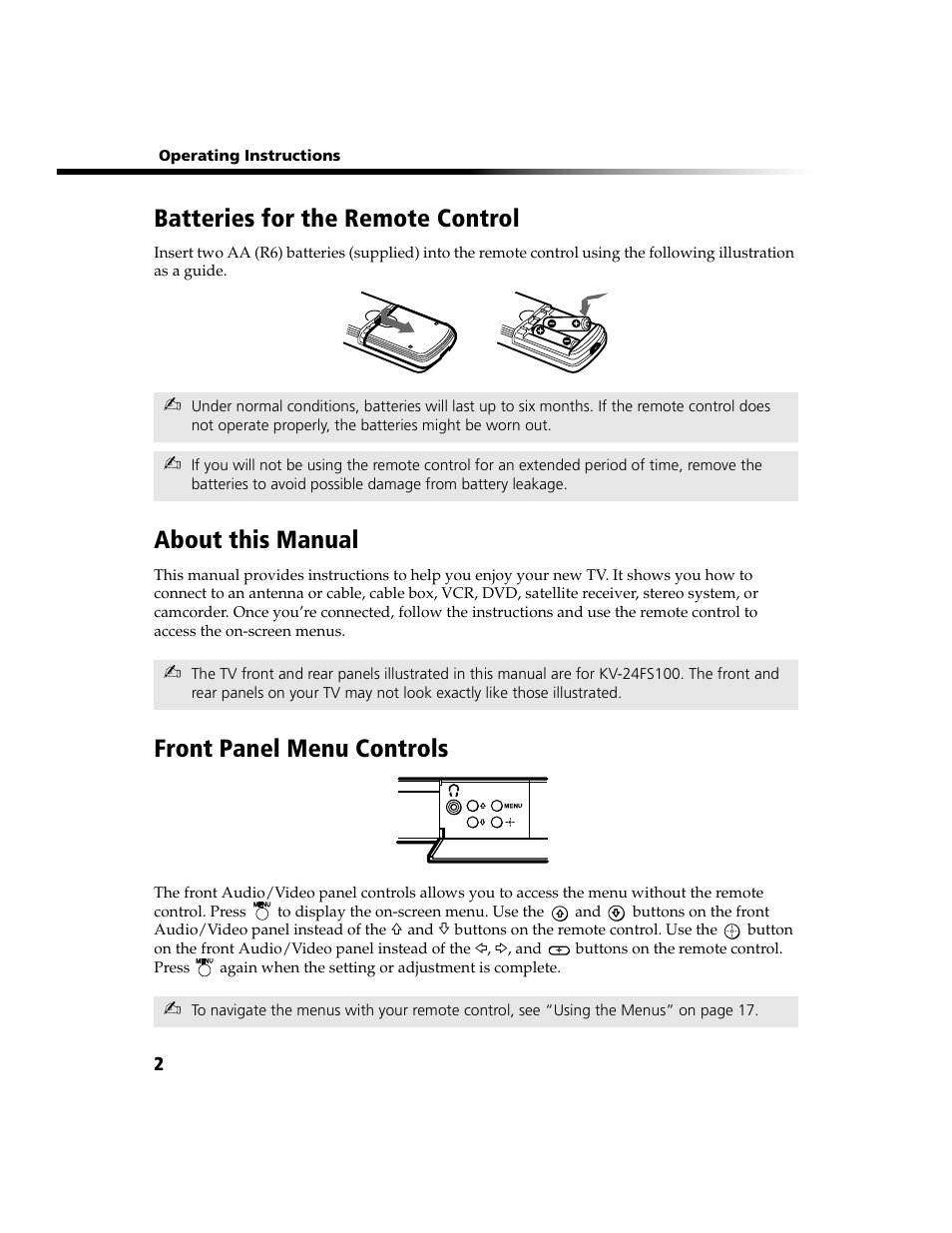 Batteries for the remote control, About this manual, Front panel menu controls | Sony WEGA KV-13FS100 User Manual | Page 14 / 48
