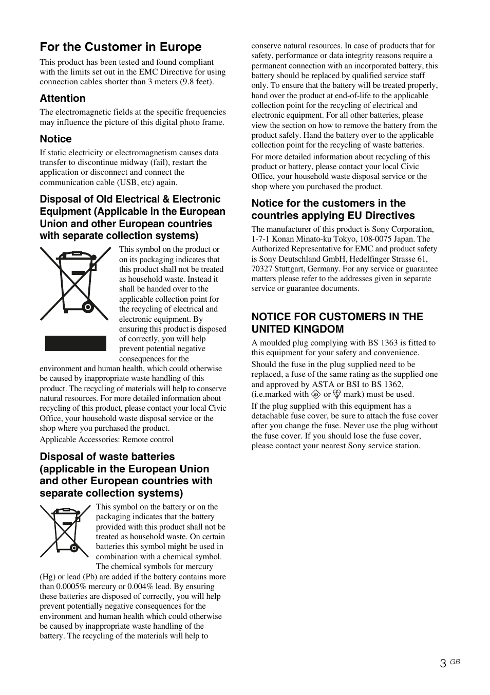 For the customer in europe | Sony DPF-A73/E73 User Manual | Page 3 / 28