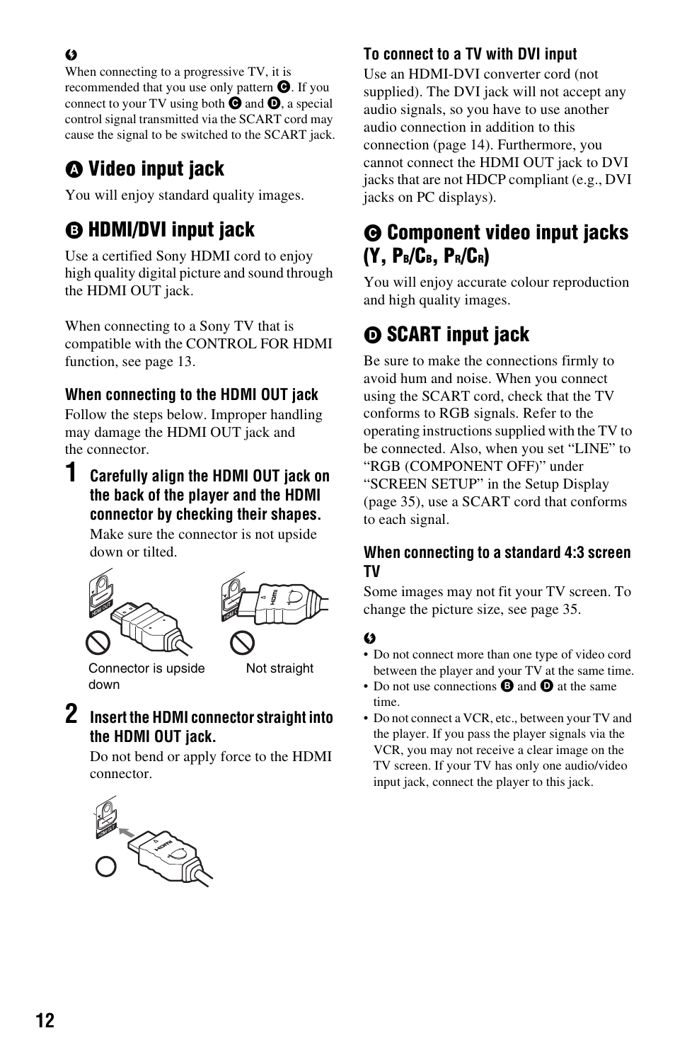 Video input jack, Hdmi/dvi input jack, Component video input jacks (y, p | Scart input jack | Sony DVP-NS728H User Manual | Page 12 / 52