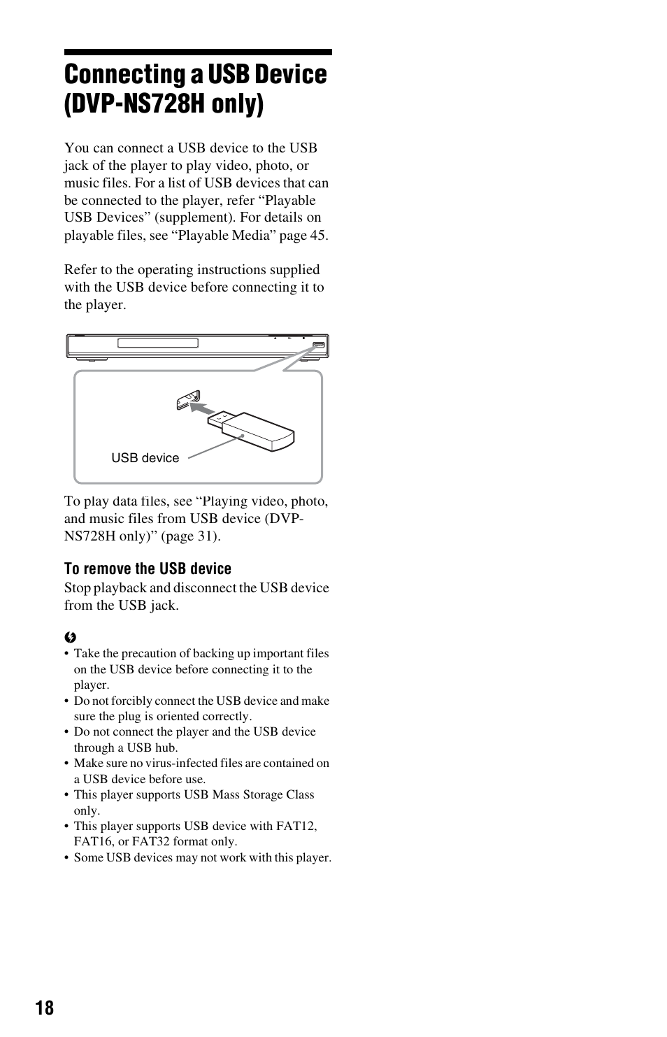 Connecting a usb device (dvp-ns728h only), E a) (18 | Sony DVP-NS728H User Manual | Page 18 / 52