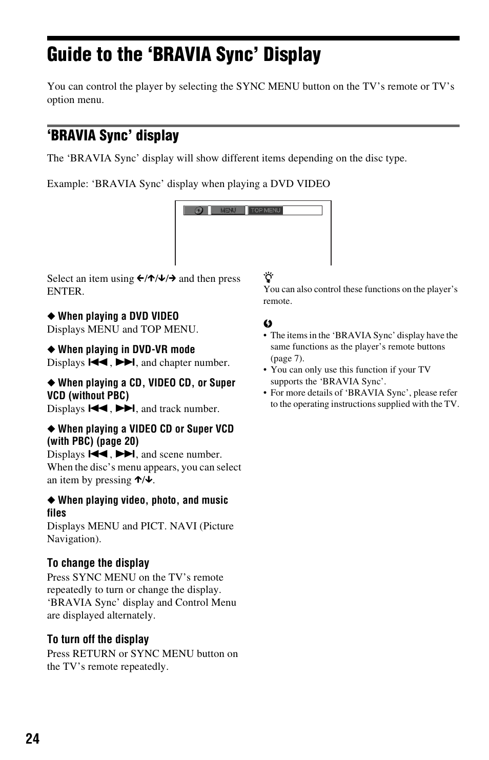 Guide to the ‘bravia sync’ display, Bravia sync’ display | Sony DVP-NS728H User Manual | Page 24 / 52