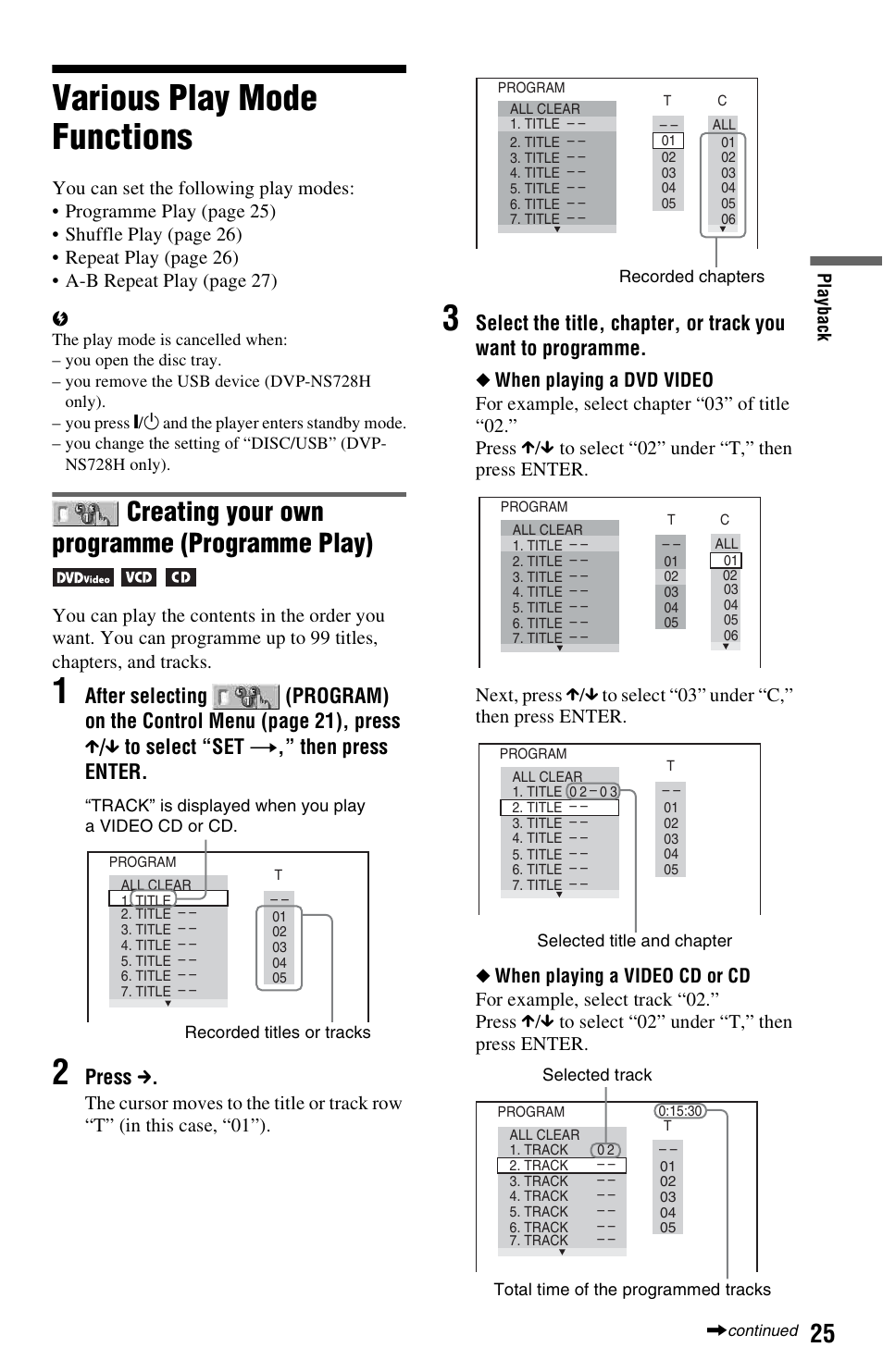 Various play mode functions, Creating your own programme (programme play), Then press enter | Press c | Sony DVP-NS728H User Manual | Page 25 / 52