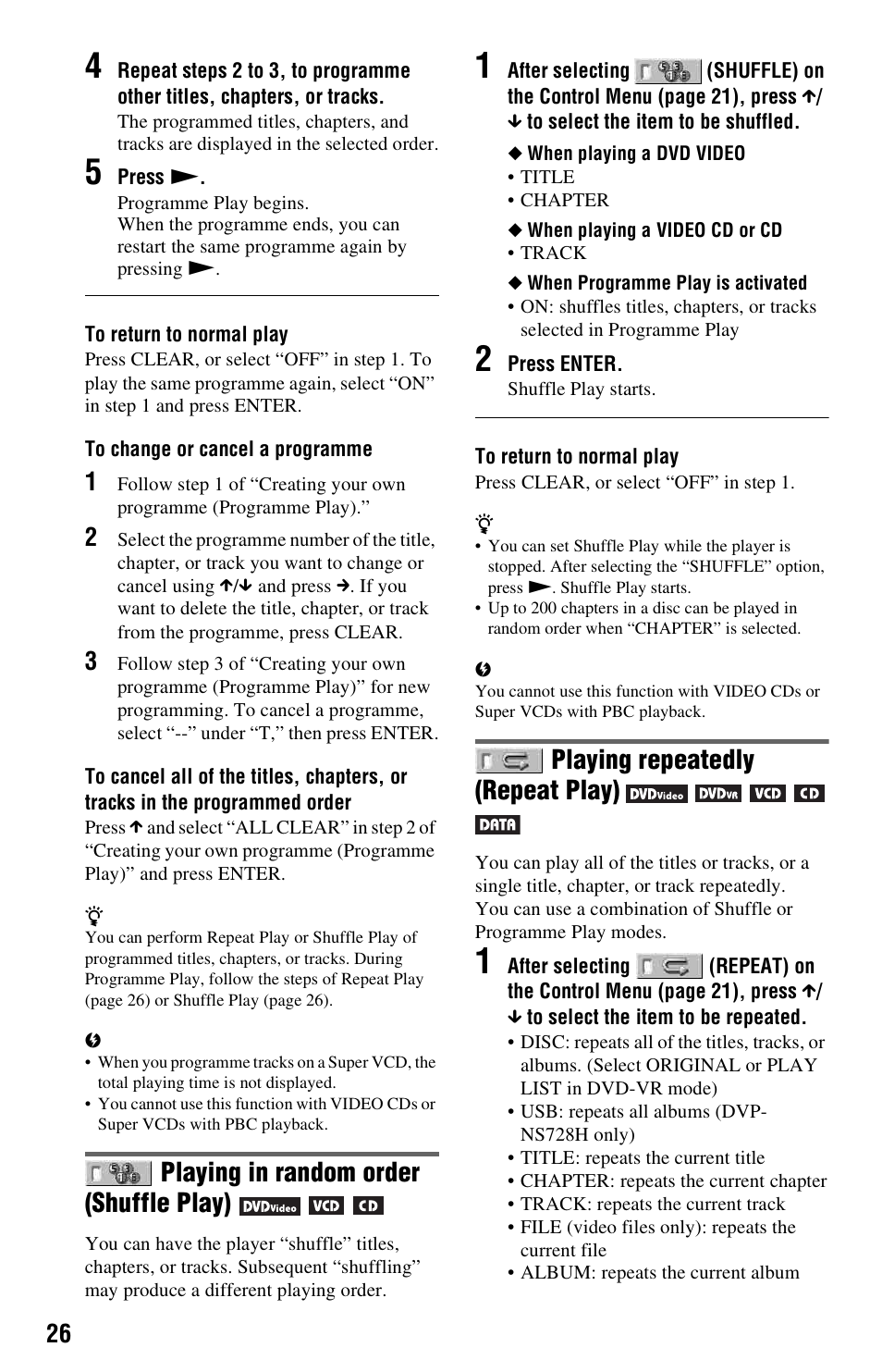 Playing in random order (shuffle play), Playing repeatedly (repeat play) | Sony DVP-NS728H User Manual | Page 26 / 52