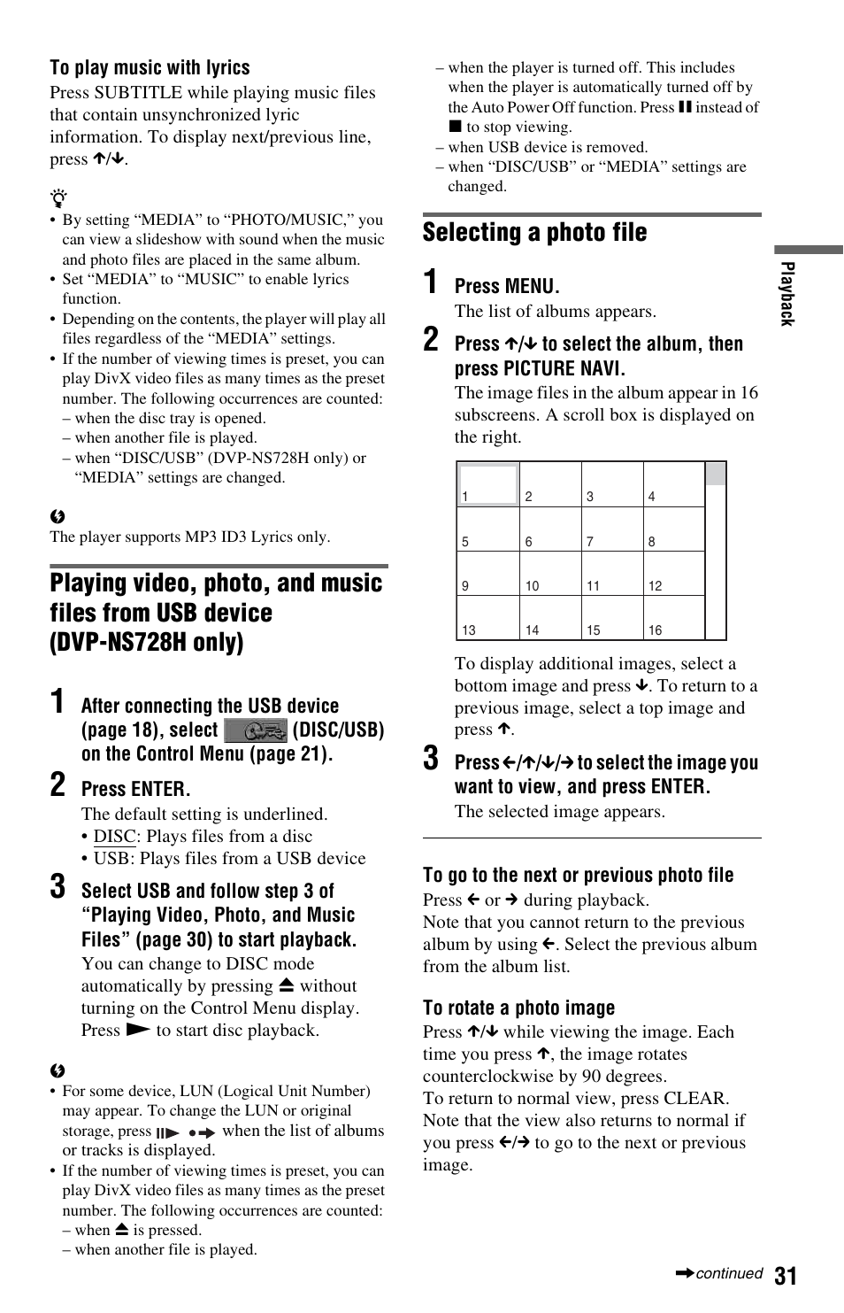 Selecting a photo file, Dvp-ns728h only) | Sony DVP-NS728H User Manual | Page 31 / 52