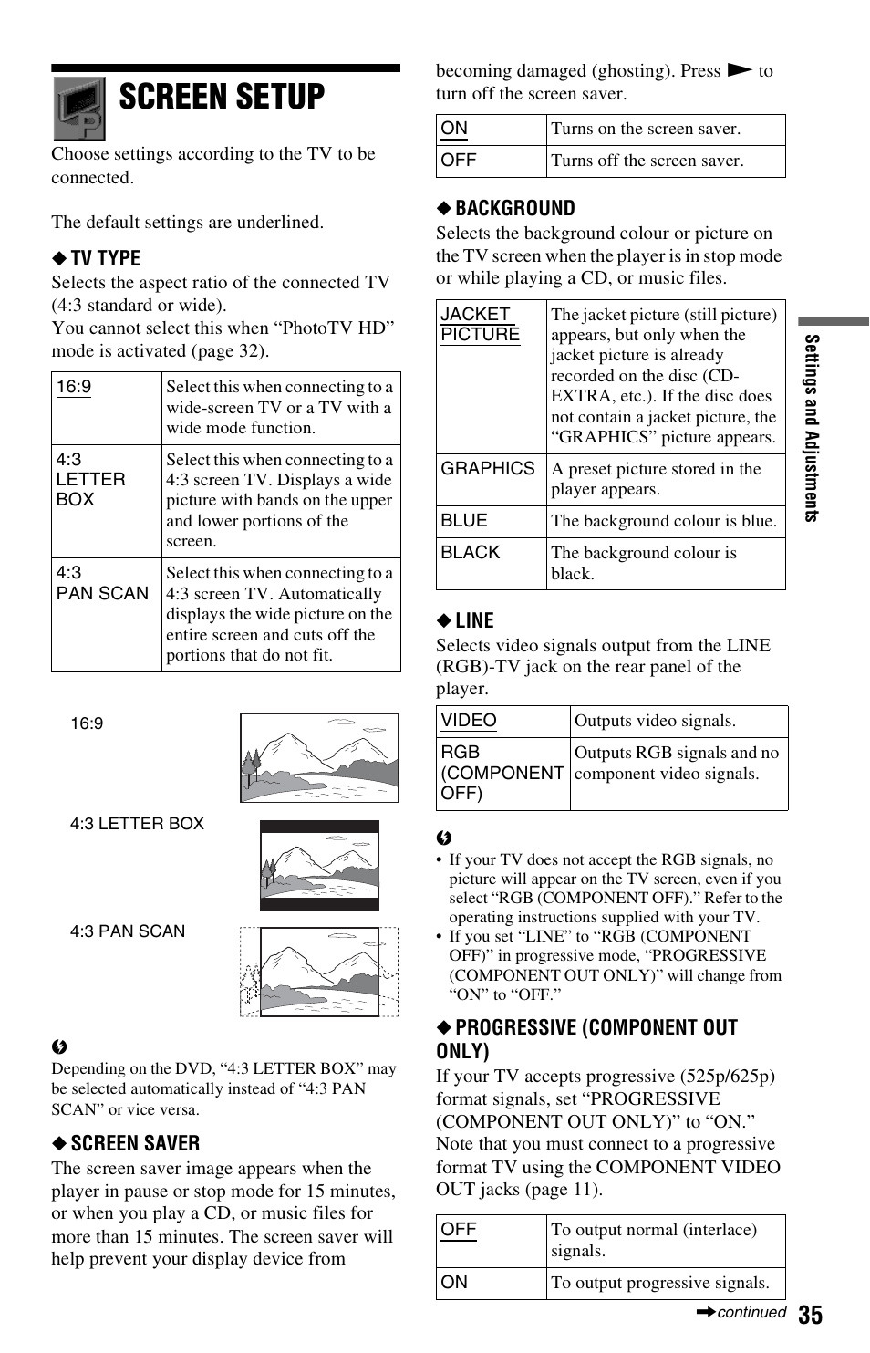 Screen setup | Sony DVP-NS728H User Manual | Page 35 / 52
