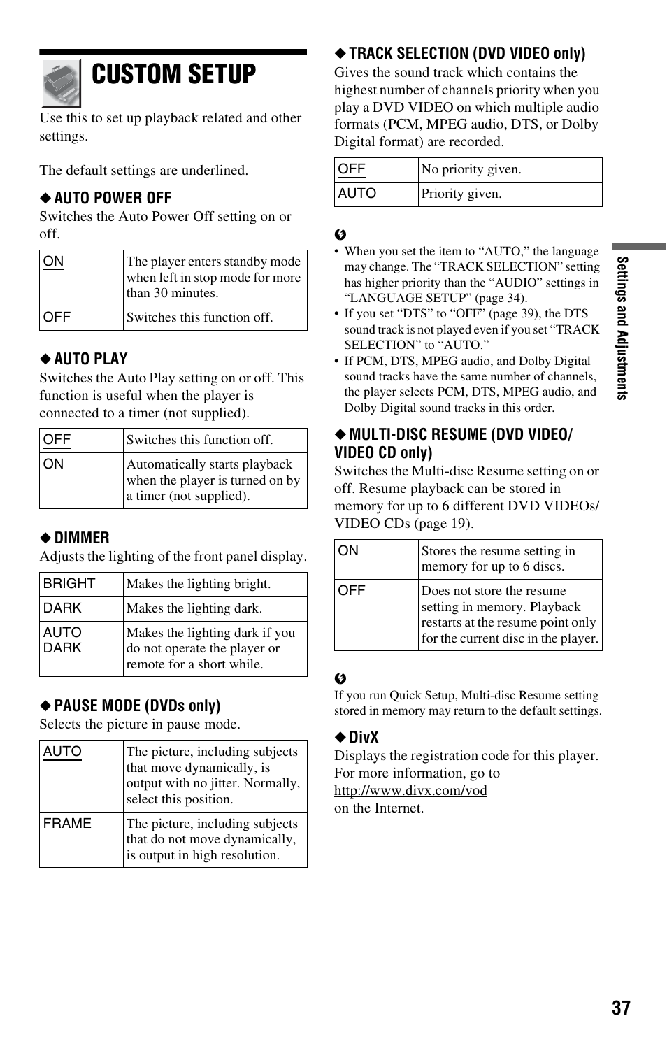 Custom setup | Sony DVP-NS728H User Manual | Page 37 / 52
