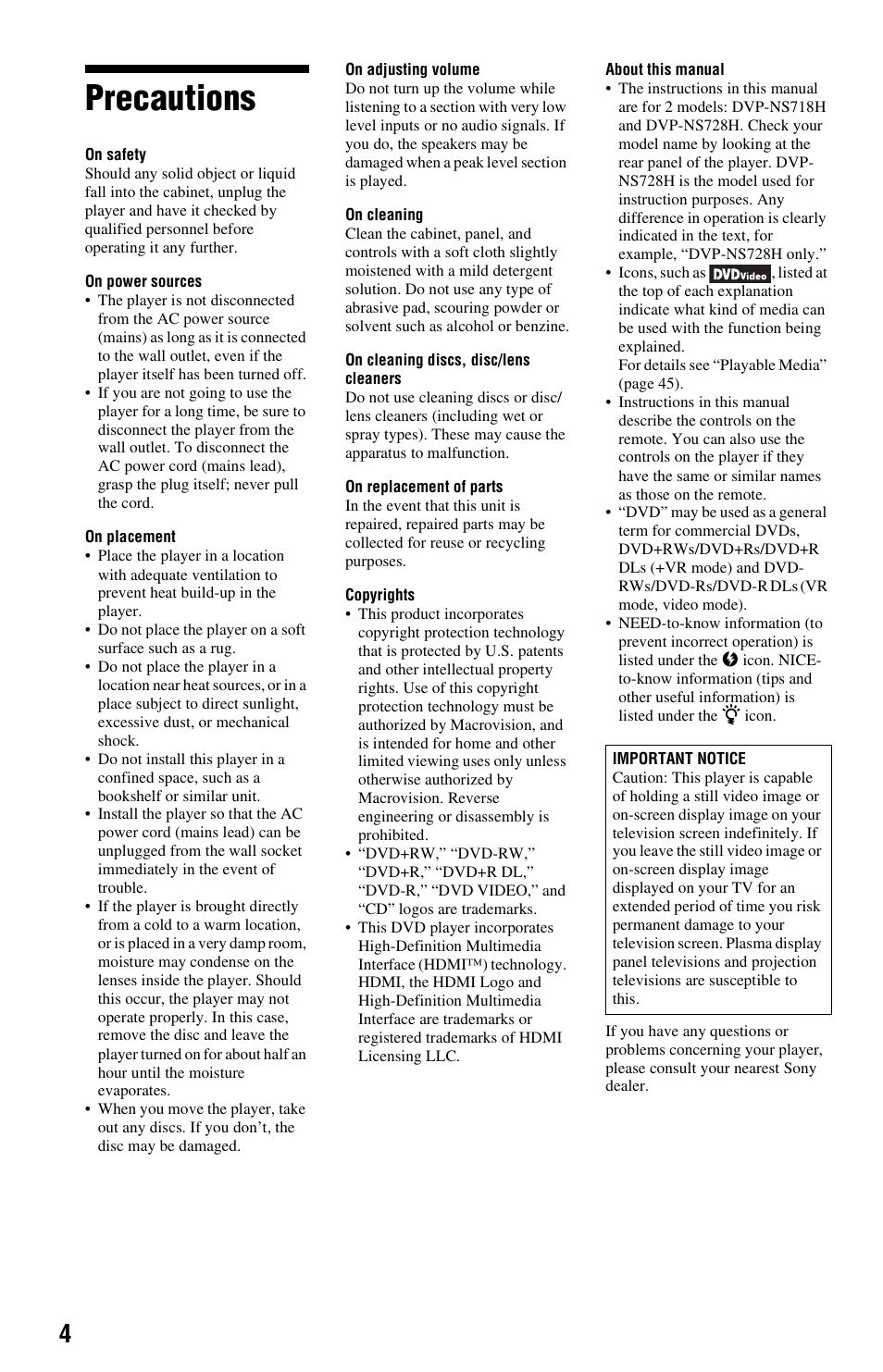 Precautions | Sony DVP-NS728H User Manual | Page 4 / 52