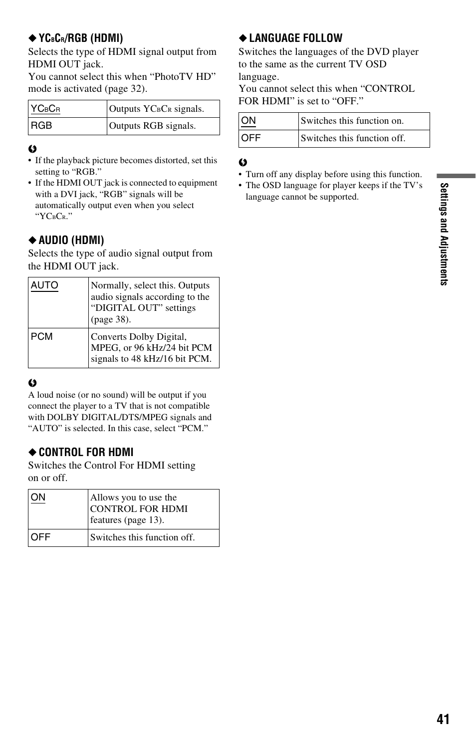 Rgb (hdmi), Audio (hdmi), Control for hdmi | Language follow | Sony DVP-NS728H User Manual | Page 41 / 52