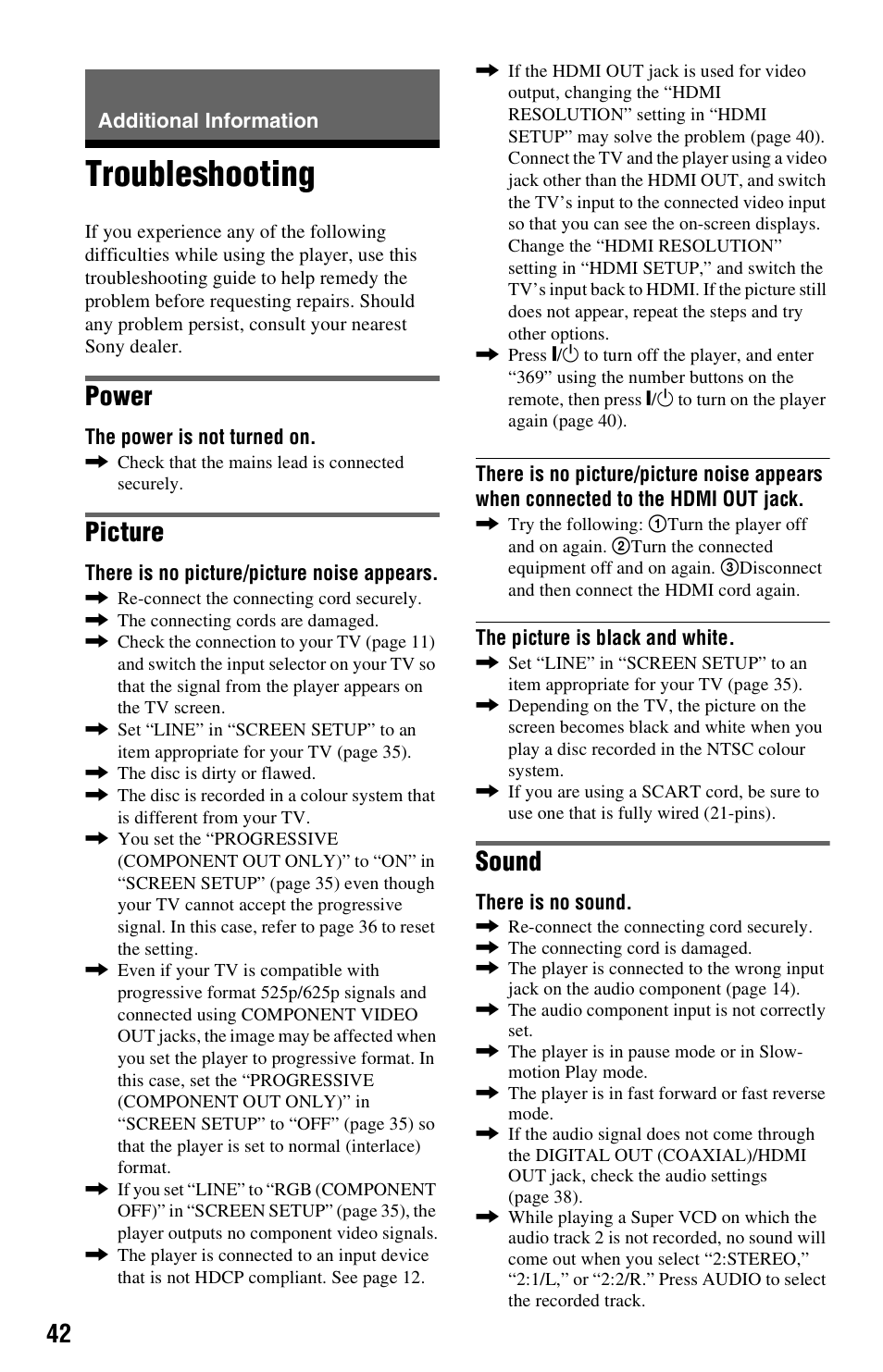 Additional information, Troubleshooting, Power | Picture, Sound | Sony DVP-NS728H User Manual | Page 42 / 52